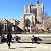 Historic buildings at Yale University with students in front
